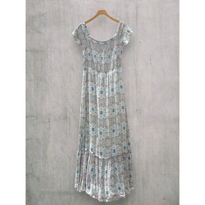 Cooper & Ella Boho Smocked Off Shoulder Maxi Dress Large Floral Summer Festival